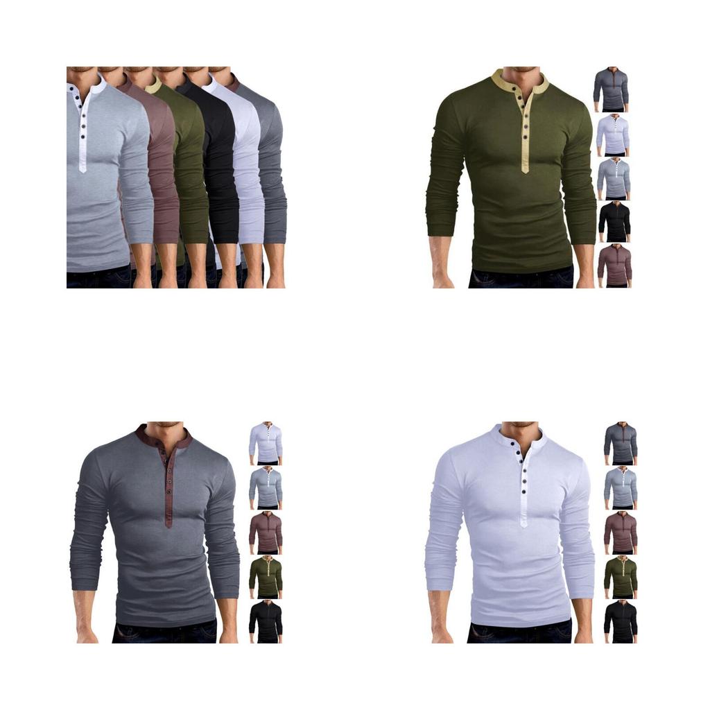 Premium Quality T-shirt Men Fashion Button Front Long Sleeve V-neck Solid Casual Slim Fit
