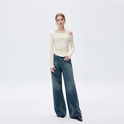 Fengmao Women's Retro Blue High-Waist Wide-Leg Jeans