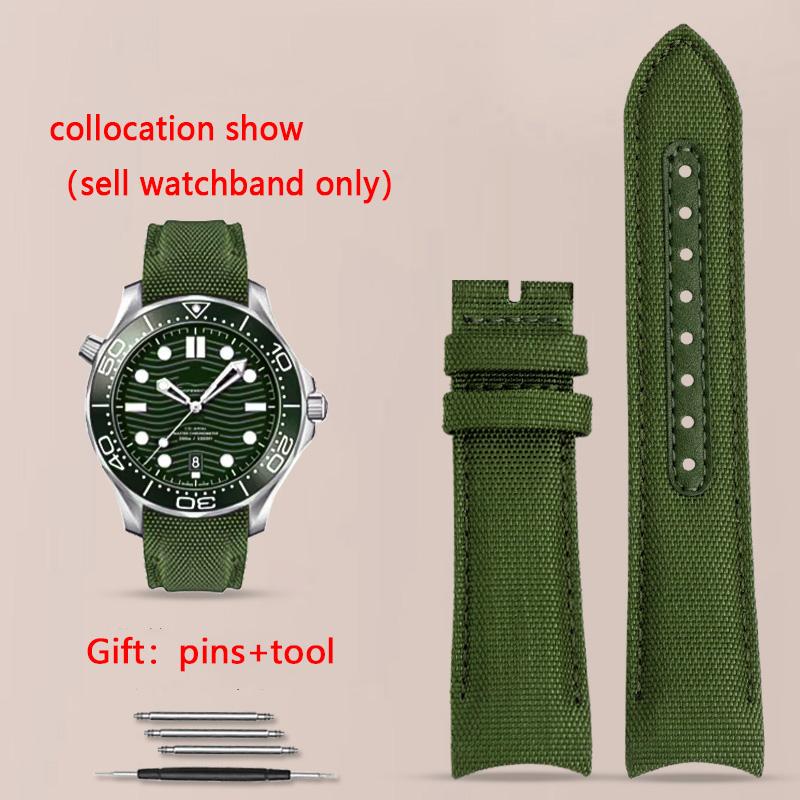 Curved End Watchband for Omega Seamaster 300 Watchband Nylon Canvas Wrist Bracelet for Seiko Rolex Water Ghost Straps 20mm 22mm