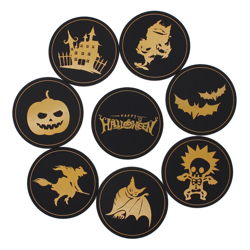 Coaster Round Pumpkin Witch Bat Print Insulated Mat Silicone Coaster 8  Set