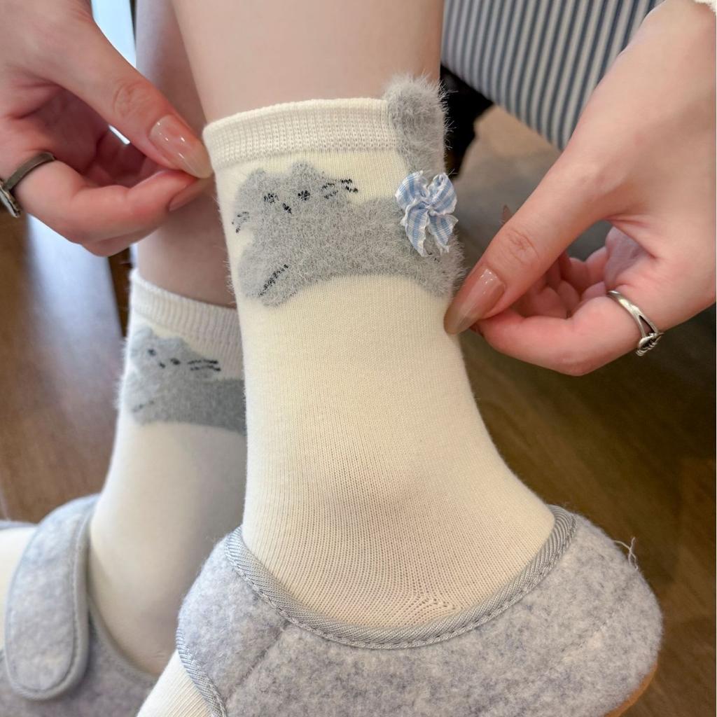 Three-Dimensional Plush Kittens Pile Up Socks Korean Sweet Plaid Mid-Leg Socks Bow Decoration Soft Glutinous Socks Milk White Cotton