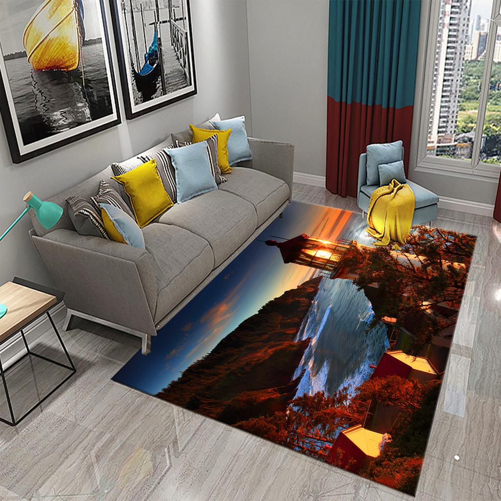 Bathroom Kitchen Entrance Non-slip Living Room Bedroom Floor Rug Lighthouse Rug Sunset Beach Theme Rug