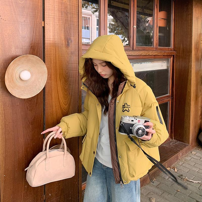Cotton-padded women's coat new hooded bread clothes big pockets color matching winter loose short fashion cotton clothes