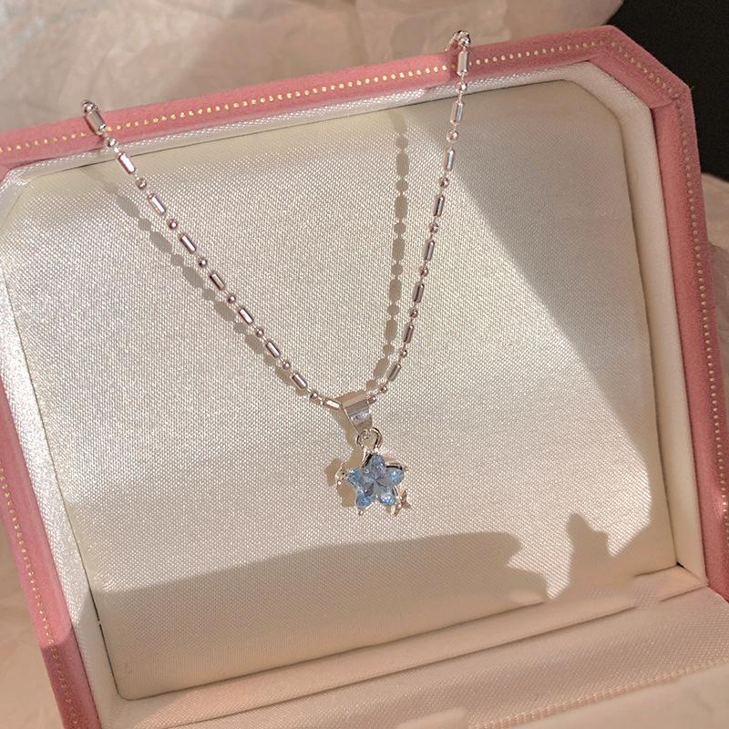 Shiny Blue Crystal Star Pendant Necklace for Women Girls Aesthetic Y2K Emo Zircon Charm Sweet Jewely Accessory Gift
