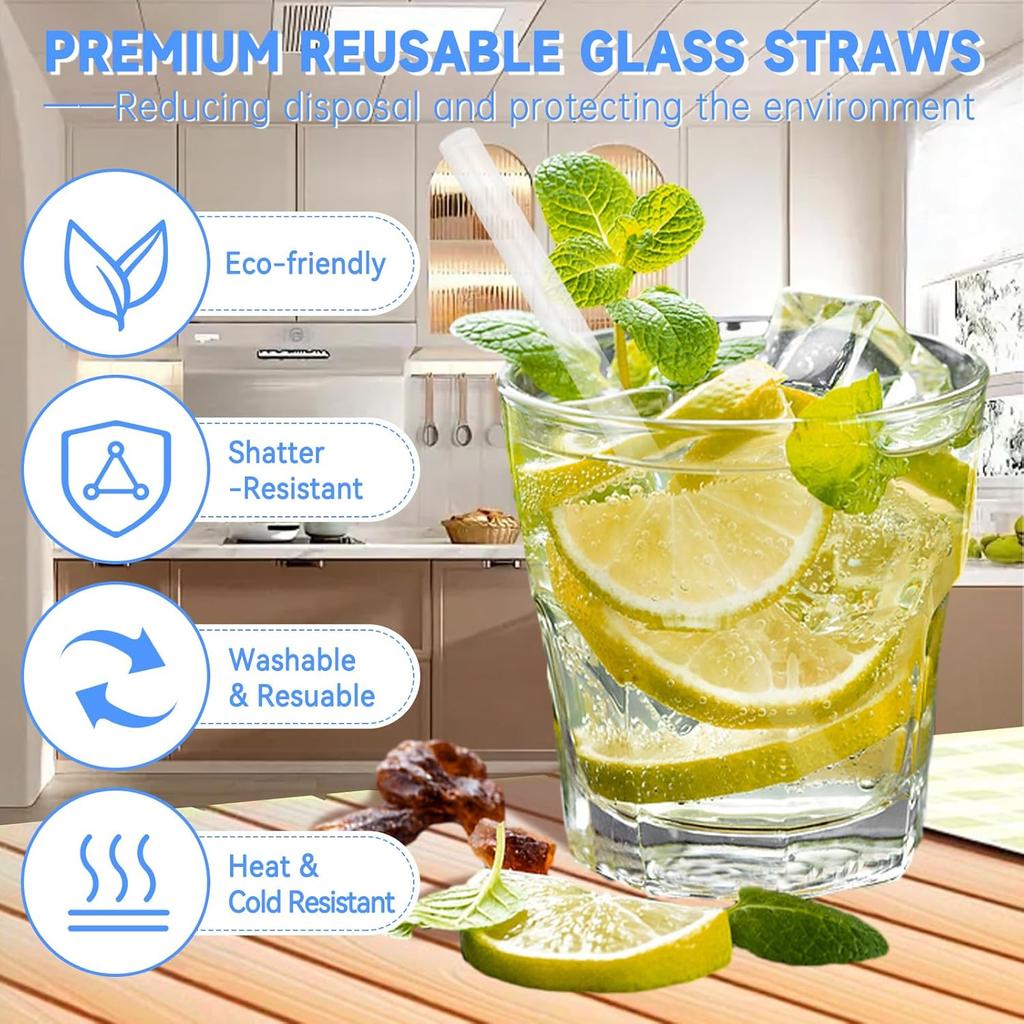 8 Pcs Glass Straws Shatter Resistant, 6” Short Glass Reble Drinking Straws with 2 Cleaning Brush, Including 4 Straight and 4 Bent Reble Straw Short