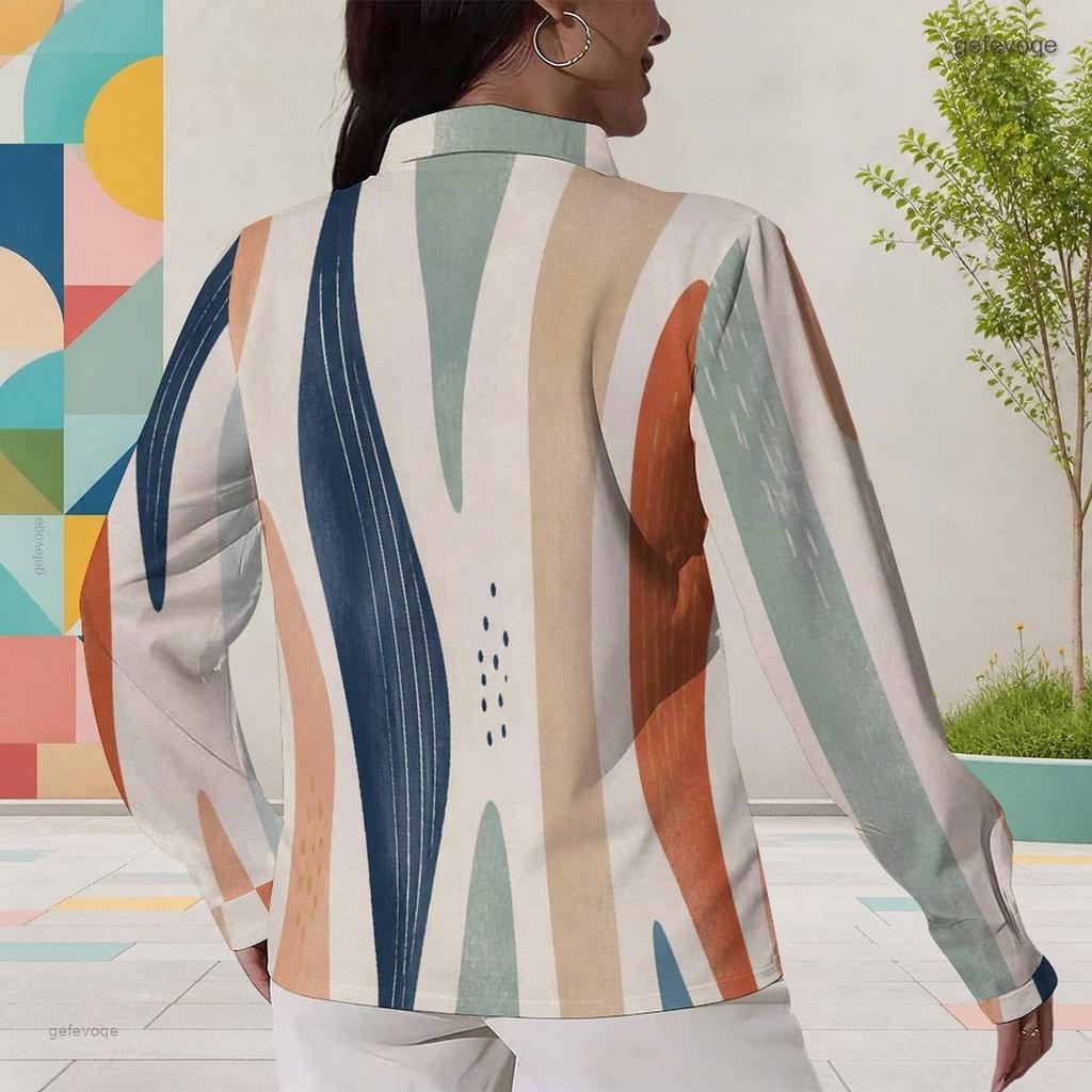Women Plus Size Printed Collared Long Sleeve Shirt Button Front Curved Hem Pink Black White Gray
