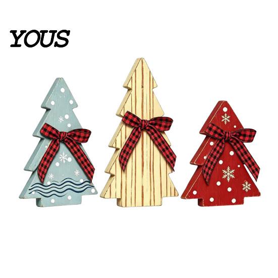 Rustic Christmas Tree Tabletop Ornaments 3Pcs Wooden with Plaid and Hemp Rope Bow, Farmhouse Indoor Decorations for Fireplace Polka Dot Xmas