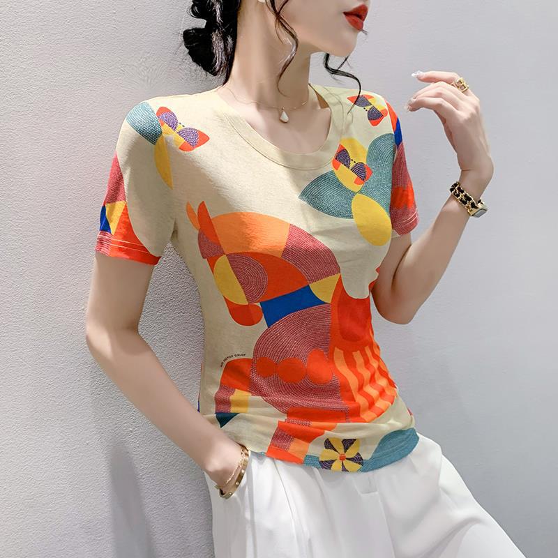 

2024 Европейская Летняя Женская Футболка из Бамбуковой Пряжи с Принтом, Облегающего Кроя, с Круглым Вырезом L