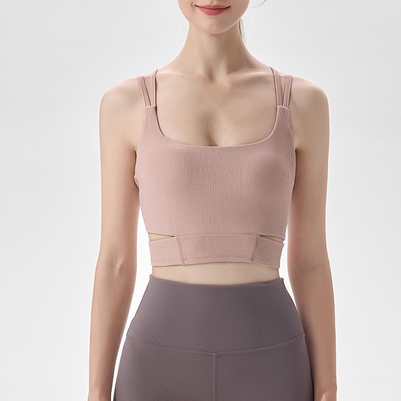 Women's Ribbed Slim-Fit Autumn/Winter Yoga Top with Chest Pads, Sexy Back Sports Bra