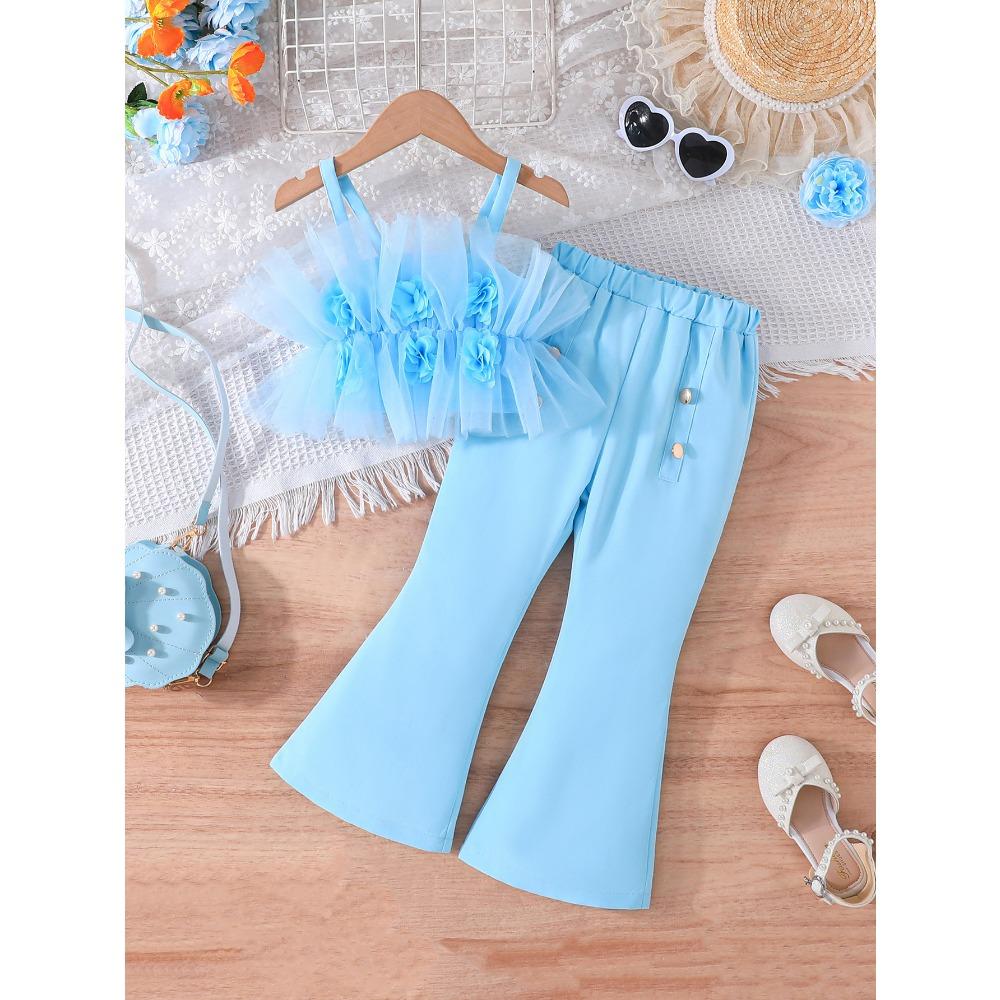 Varmsalg 2-7Å Jentedrakt Sommer Haltertopp Mesh + Utsvingte Bukser Jentemotedrakt Jentebukser