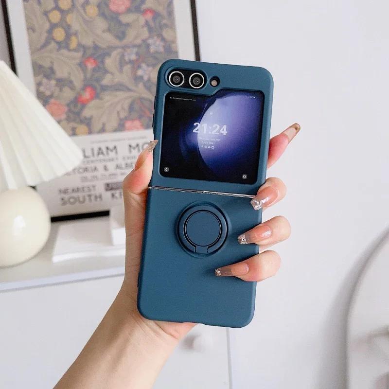 Simple Solid Color Rotating Ring Bracket Phone Case For Samsung Galaxy Z Flip 7 6 5 4 3 Soft Silicone Shockproof Protector Cover