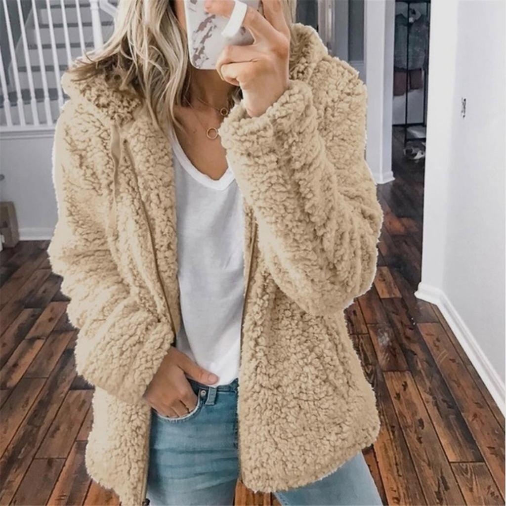 Women Autumn Winter Jacket Female Coat Causal Soft Hooded Fleece Plush Warm Plus Size Faux Fur Fluffy Zipper Top