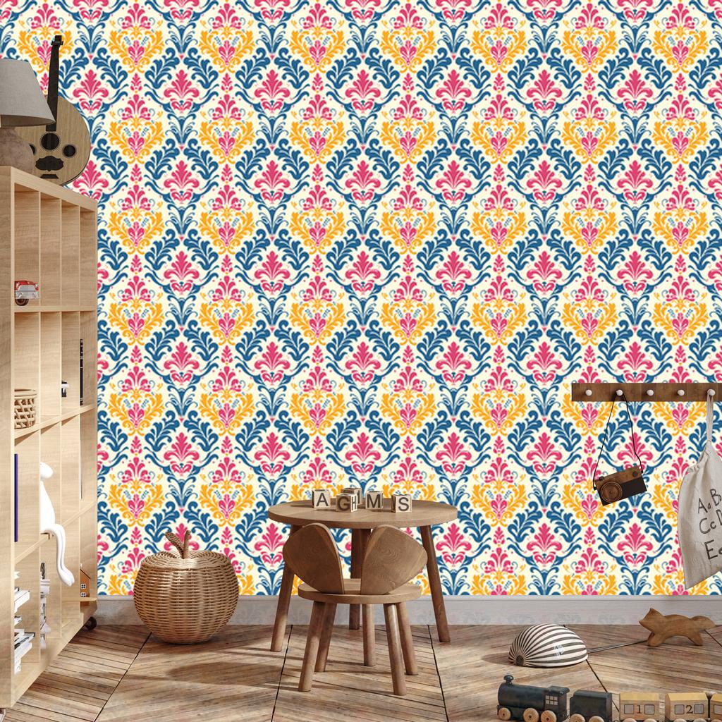 Baroque Damask Wallpaper Cream, Blue and Light Gray 50x1000