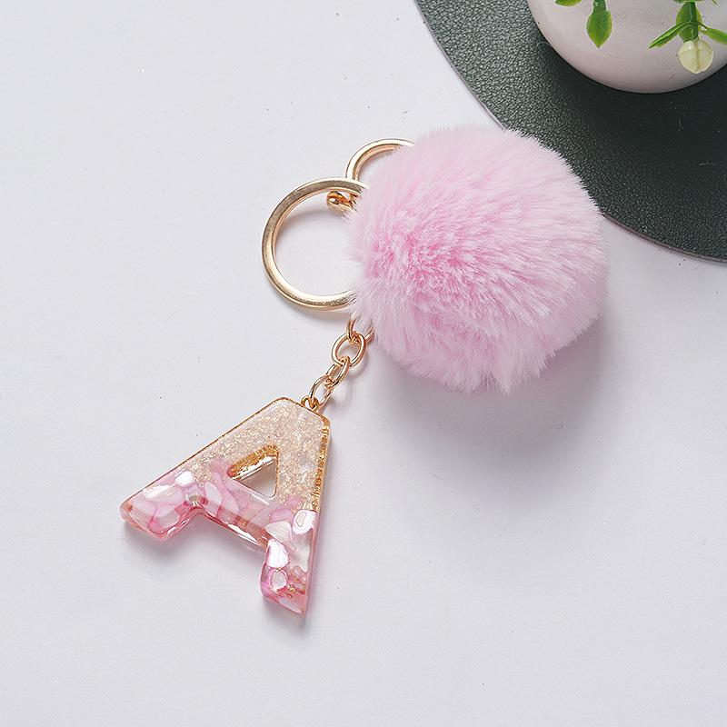 Niedlicher Schlüsselanhänger Rosa Pompom Fellkugel 26 Buchstaben Schlüsselanhänger Harz Schlüsselanhänger Handtaschenanhänger Für Frau Ornamente Accessoires Geschenk