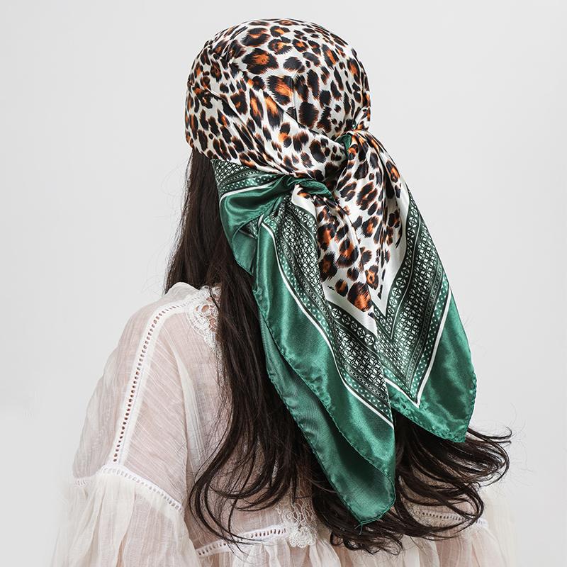 Leopard Print 90cm Square Silk Scarf Woman Satin Headband Muslim Hijabs Shawls Smooth Soft Hair Scarf Islimic Turban Bandana