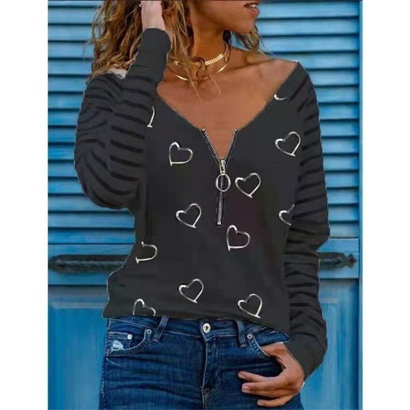 

Zipper Neck Long-sleeved T-shirt Casual Loose Pullover Top black S