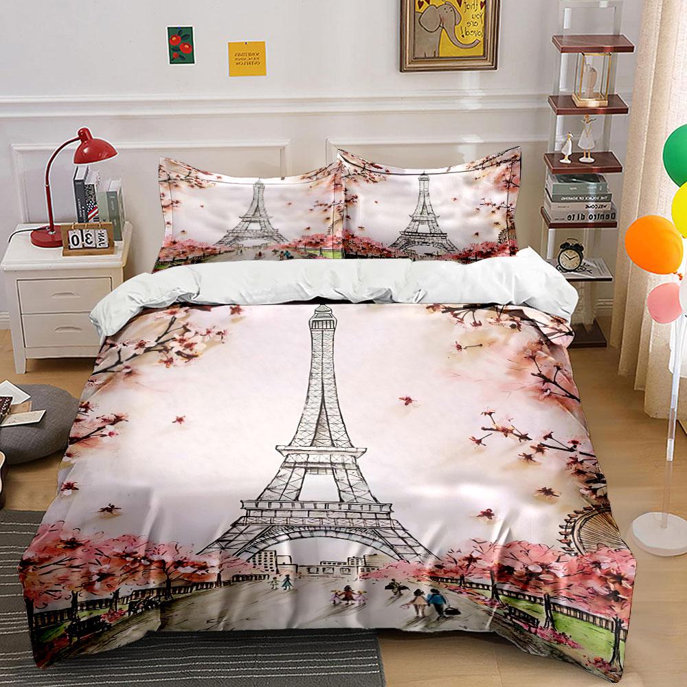 Eiffel Tower Floral Bedding Set Bedding Duvet Cover Set Duvet Cover Pillowcases (1 * Duvet Cover 2 * Pillowcases, without duvet insert)