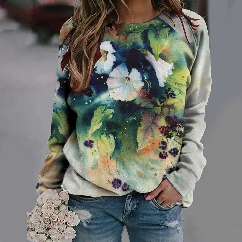 New Loose Casual 3D Floral Print Pattern Women's Round Neck Long Sleeved T-shirt