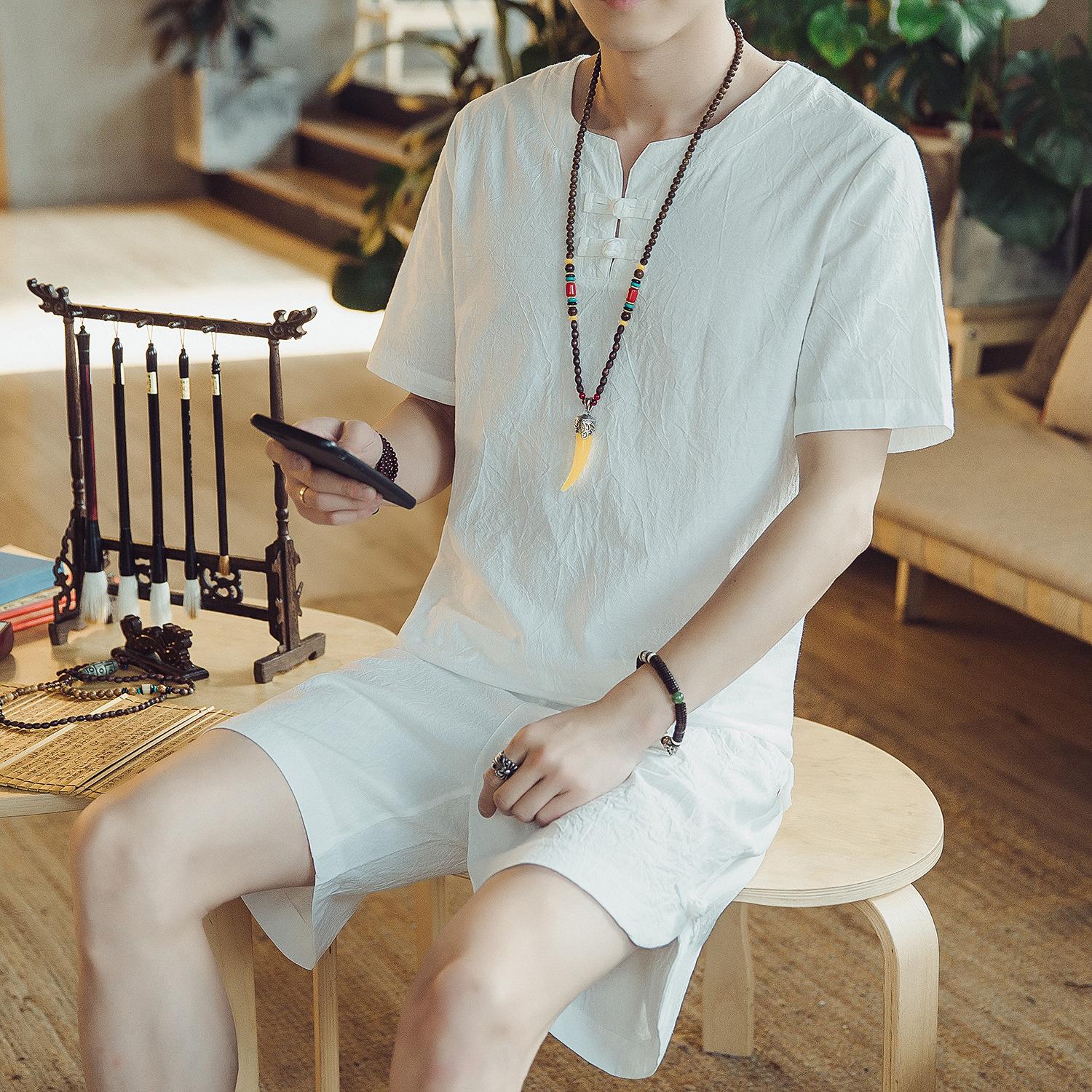 

Летняя футболка с короткими рукавами для мужчин среднего возраста, хлопковые льняные шорты, папин наряд, комплект одежды для отца S белый