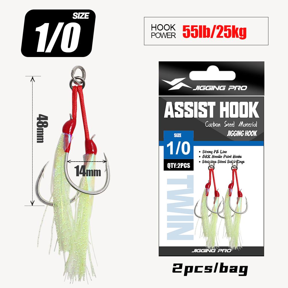 Jigging Pro Fishhook 1/0 2/0 3/0 4/0 Sea Double Assist Jigging Hook for Metal Jig Stainless Wire Line Saltwater Fishing Hooks (Red,1/0) красный
