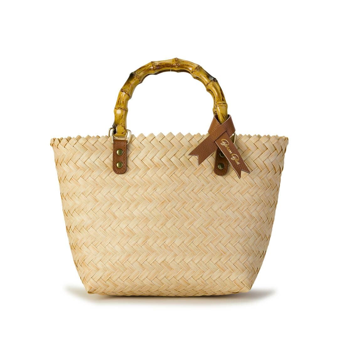 

[Barcos Blue] Basket Bag with Wooden Handle and Ribbon, Lightweight Handbag for Women, SpringSummer, Leisure, Beach, Travel, Outings, Stylish,