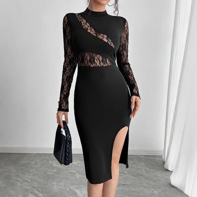 Elegantes Damen Bodycon Midi Kleid Sexy Ausschnitt Mock Neck Seitenschlitz Spitze Abendparty Cocktail Hochzeitsgast Kleid