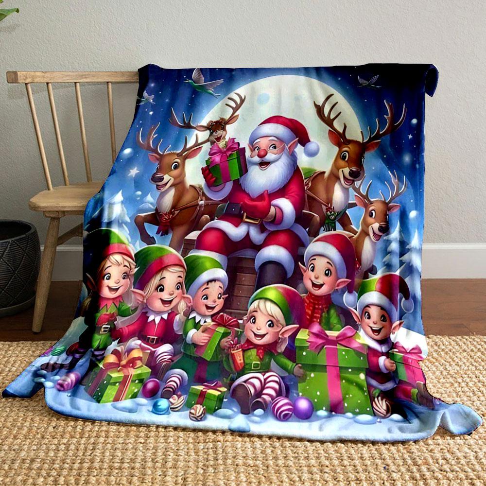Santa and Elves with Reindeer print blanket soft and cozy perfect for the living room bed sofa or a nap,gift