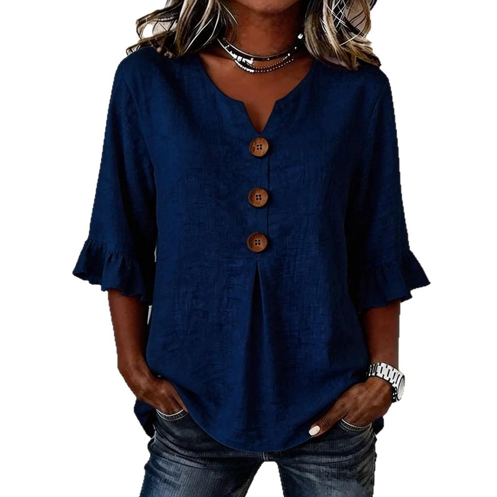 2026 Summer European & American Women's V-neck Cotton Linen Fashion Shirt