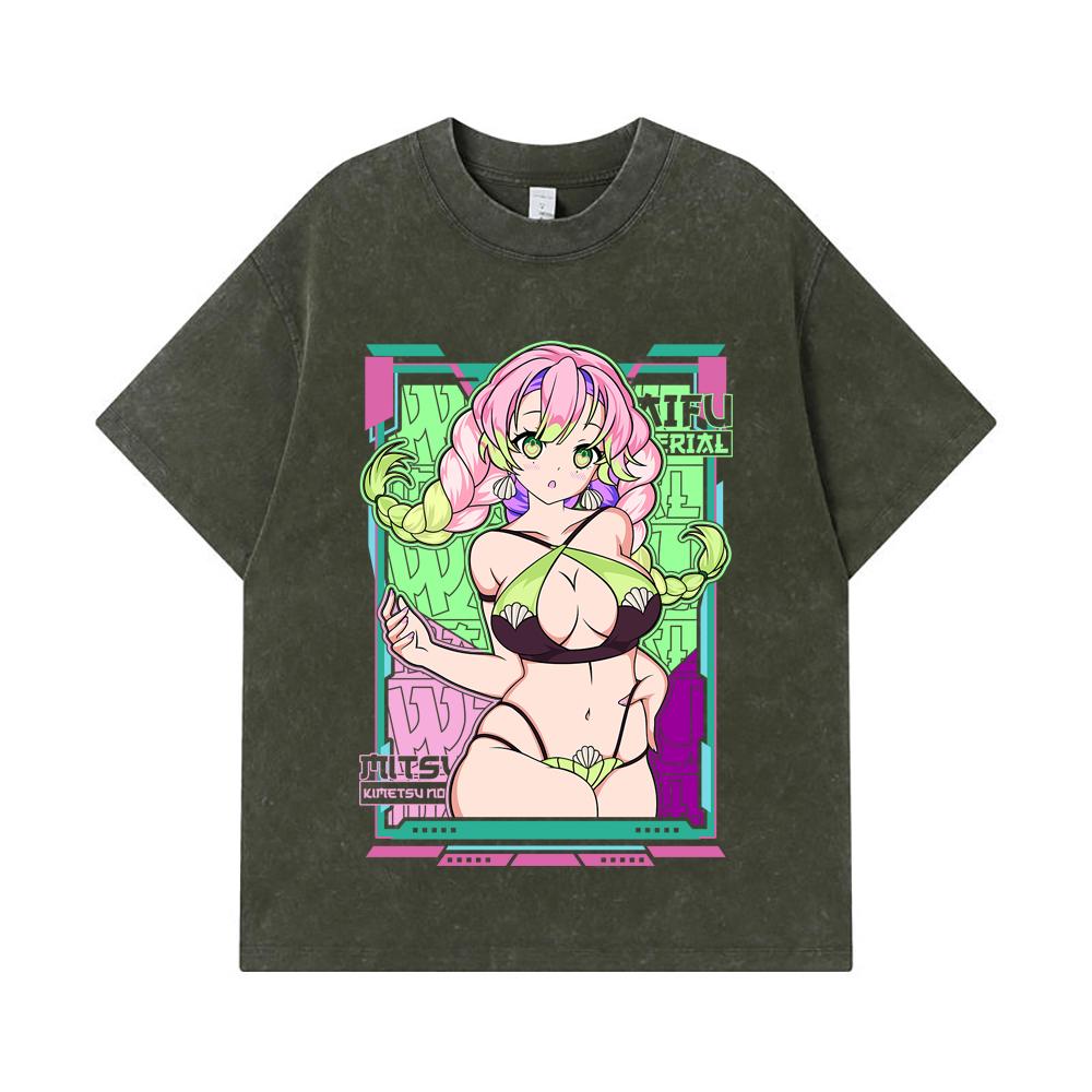 

275 GSM Washed T-shirts 100% Cotton Demon Slayer V53 Mitsuri Waifu Print Unisex Heavy Cotton T Shirt S армия зеленый