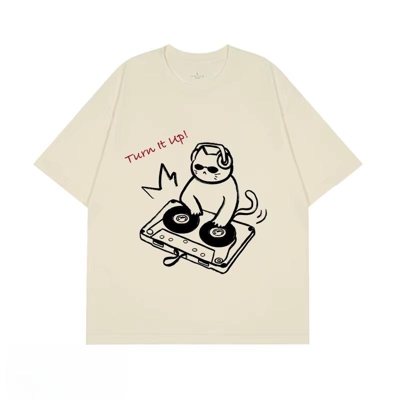 Summer Cute Hand Drawn DJ Cat Print Oversized Tshirt Casual Streetwear Short Sleeve Tee for Unisex and WoUnisex Moisture Wicking Dry