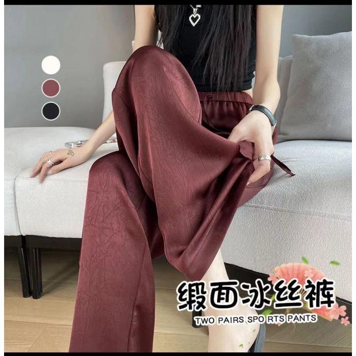New Chinese Style Printed Acetic Acid Satin Wide-leg Pants Women's Ice Silk Summer Thin Drape Loose Wide-leg Casual Pants