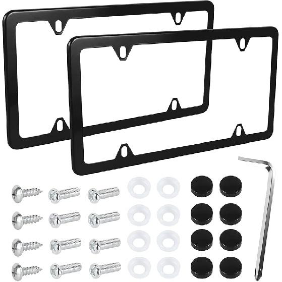 Wuyaoyao 2PCS Car License Plate Frames, 4 Holes Stainless Steel License Plate Frame, Slim License Plates Cover Holder With Screws Bolts Caps Washers,