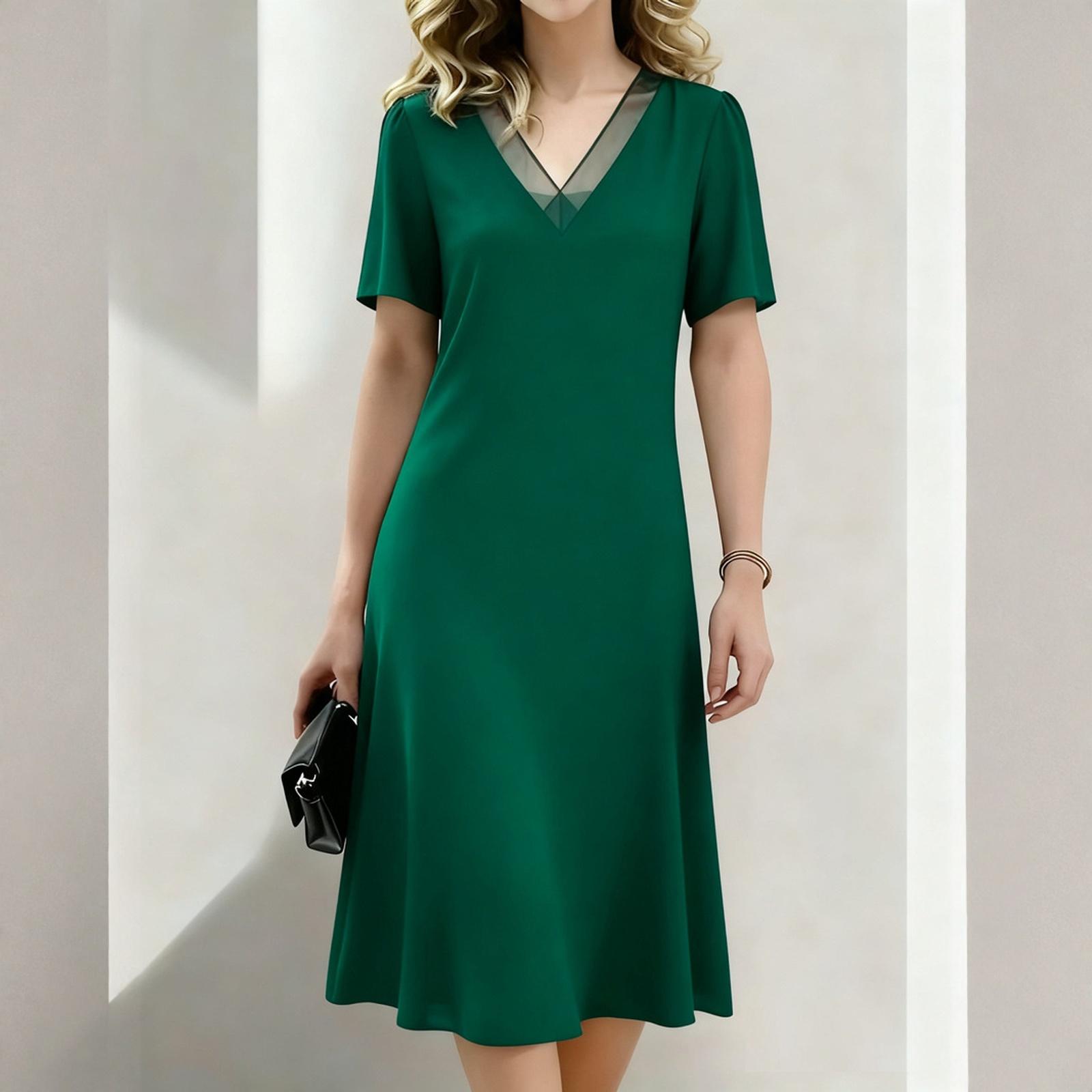 Fashionable Women s Loose V-neck Short Sleeved Dress, Mid Length Skirt M зелёный