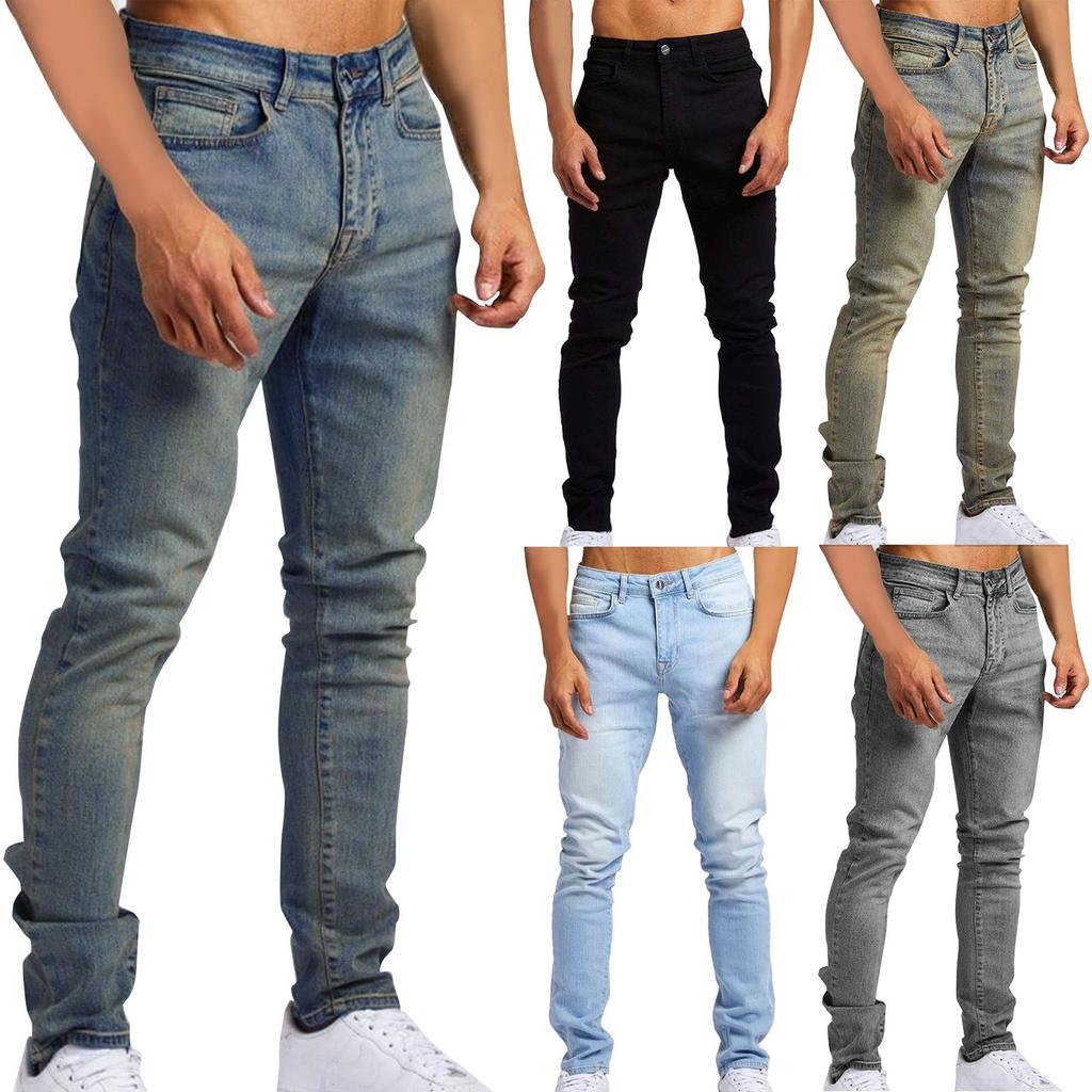 Men's Skinny Stretch Jeans Light Blue Fit Jean Men Slim Fit Button Straight Denim Trousers