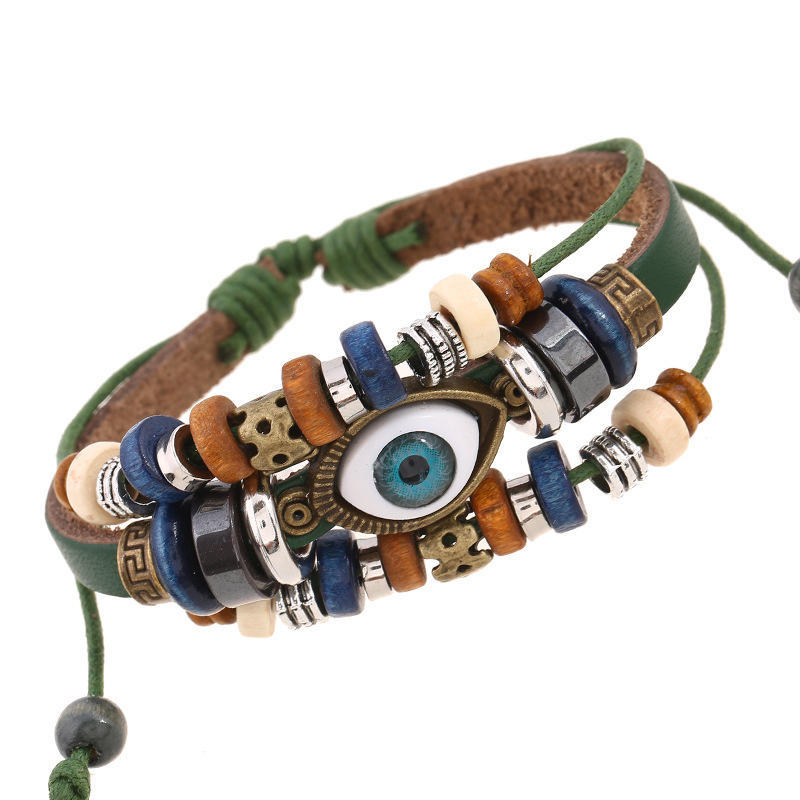 1pcs Couple Pull Adjustable Bracelet, Beaded Eye Leather Bracelet, Cowhide Handmade Jewelry
