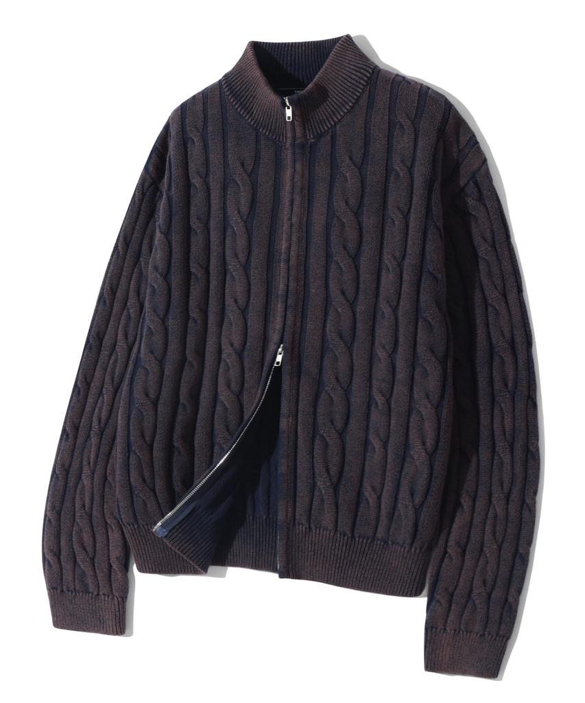 TRILLION Vintage Washed Cable 2-Way Zip-Up Knit (Plum Navy)