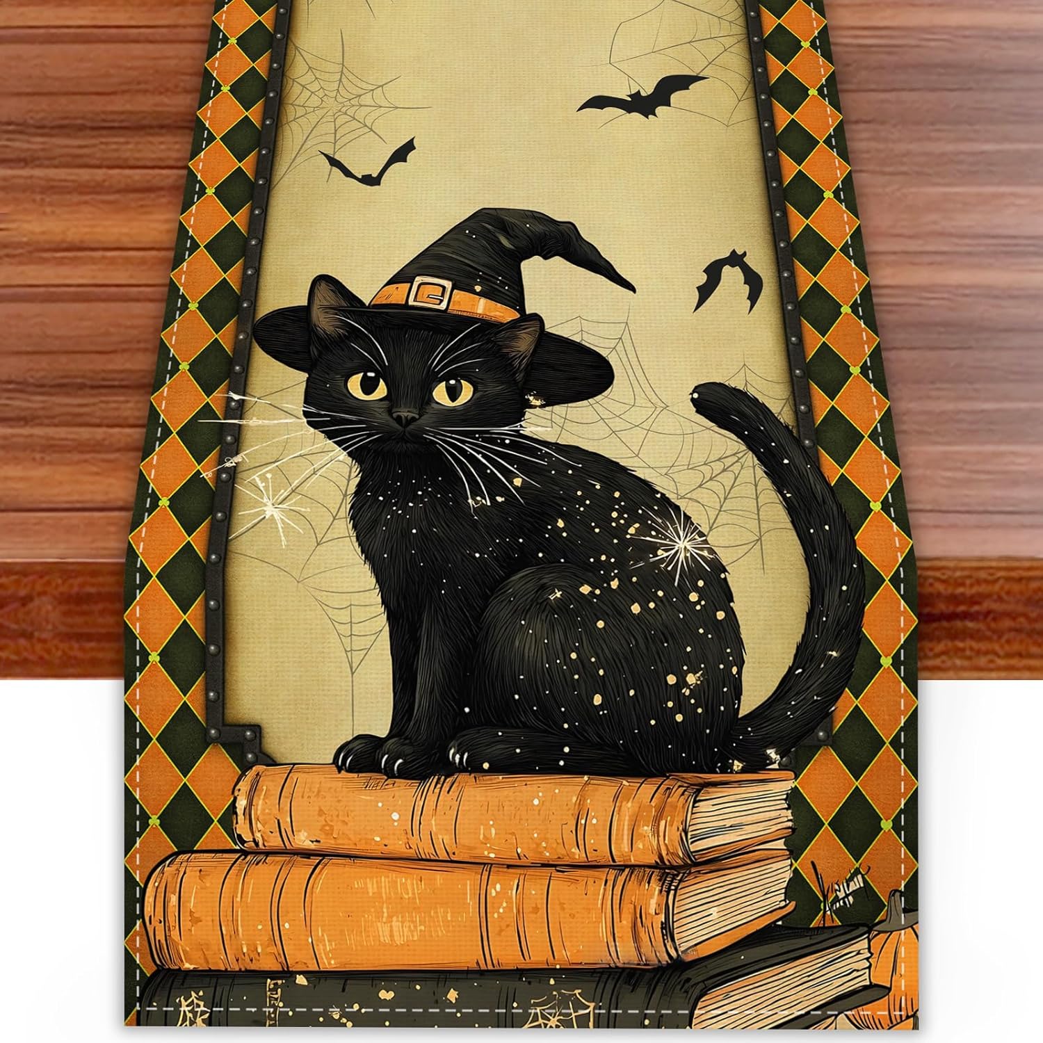 Halloween Chat Noir Chemin de Table en Lin Écharpes de Commode Décoration de Table Décor de Cuisine de Ferme Table de Salle à Manger Chemin de Table Décoration de Fête de Fête 150x33cm beige