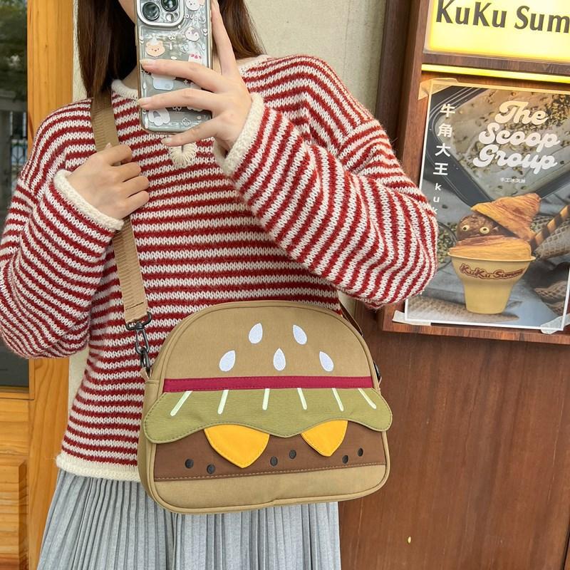 New niche design cute cartoon canvas bag retro burger messenger bag shopping casual shoulder bag