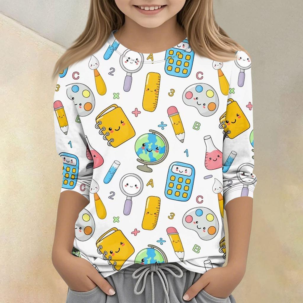Children's Printed Round Neck Seven Quarter Sleeve Casual T-shirt