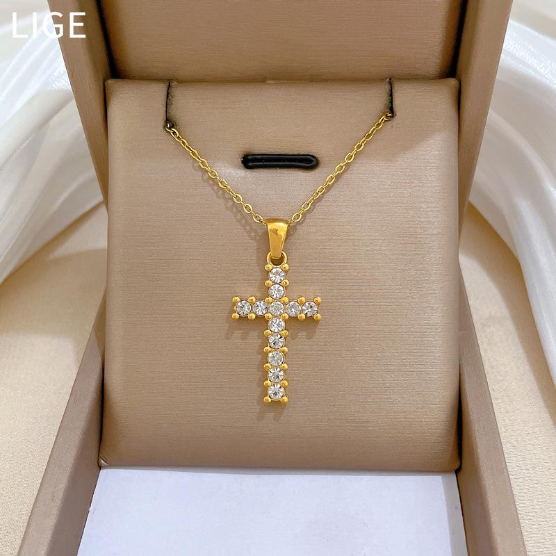 Light Luxury Zircon Cross Furnace Real Gold Necklace Female Collarbone Chain With Jewelry