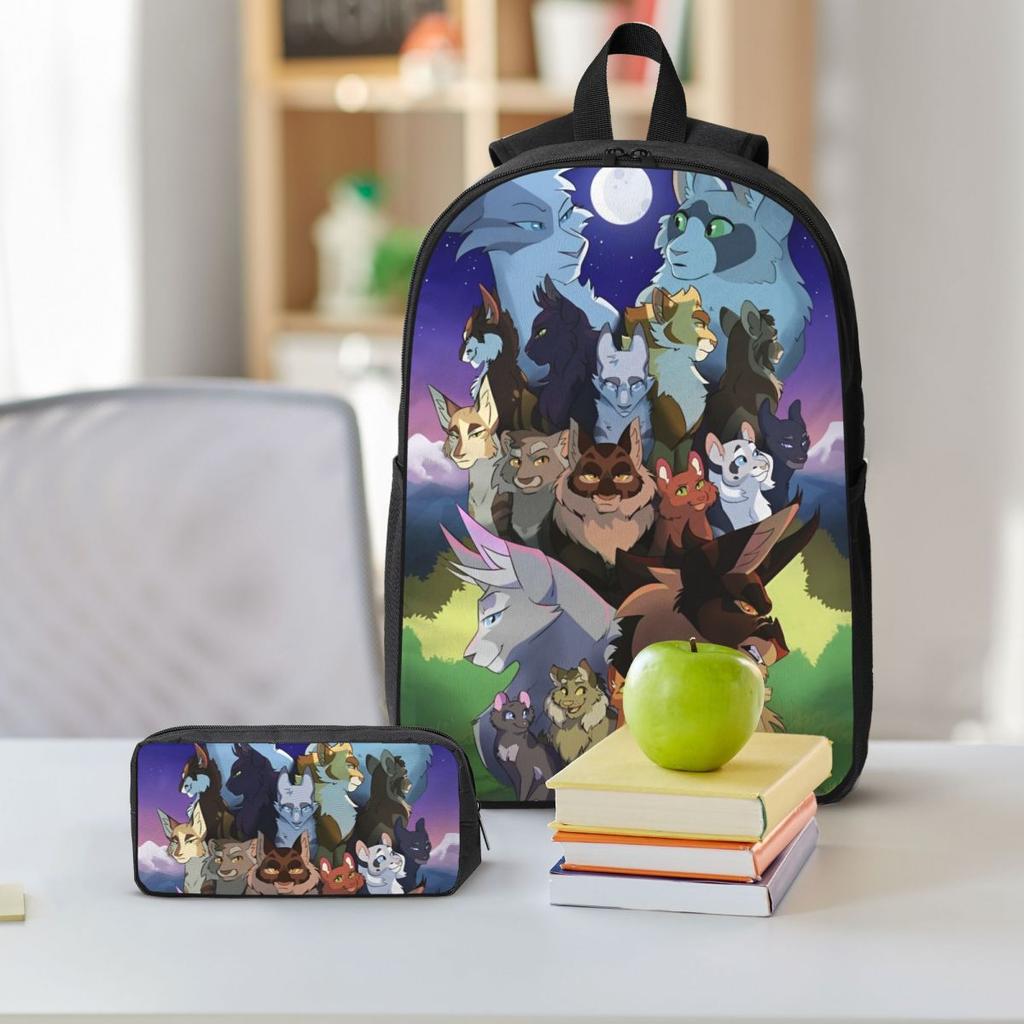 Warrior Cats Kids Backpack Lunch Box Pencil Boxes for Boys Girls Kindergarten Backpacks Schoolbag Bookbag Set