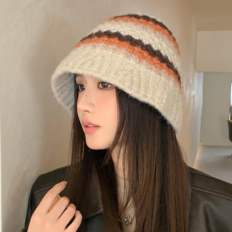 All Match Color Blocked Knitted Fisherman Hat Korean Outdoor Windproof and Warm Wool Hat Showing Face Small Basin Hat