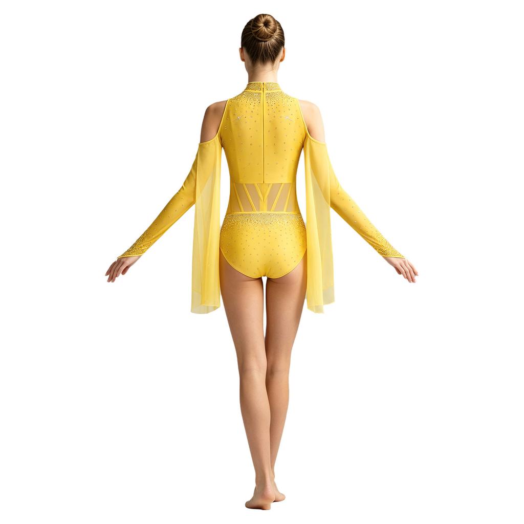 Womens Lyrical Dance Leotard Cold Shoulder Long Sleeves Sheer Mesh Waist One Piece Bodysuit Dancewear