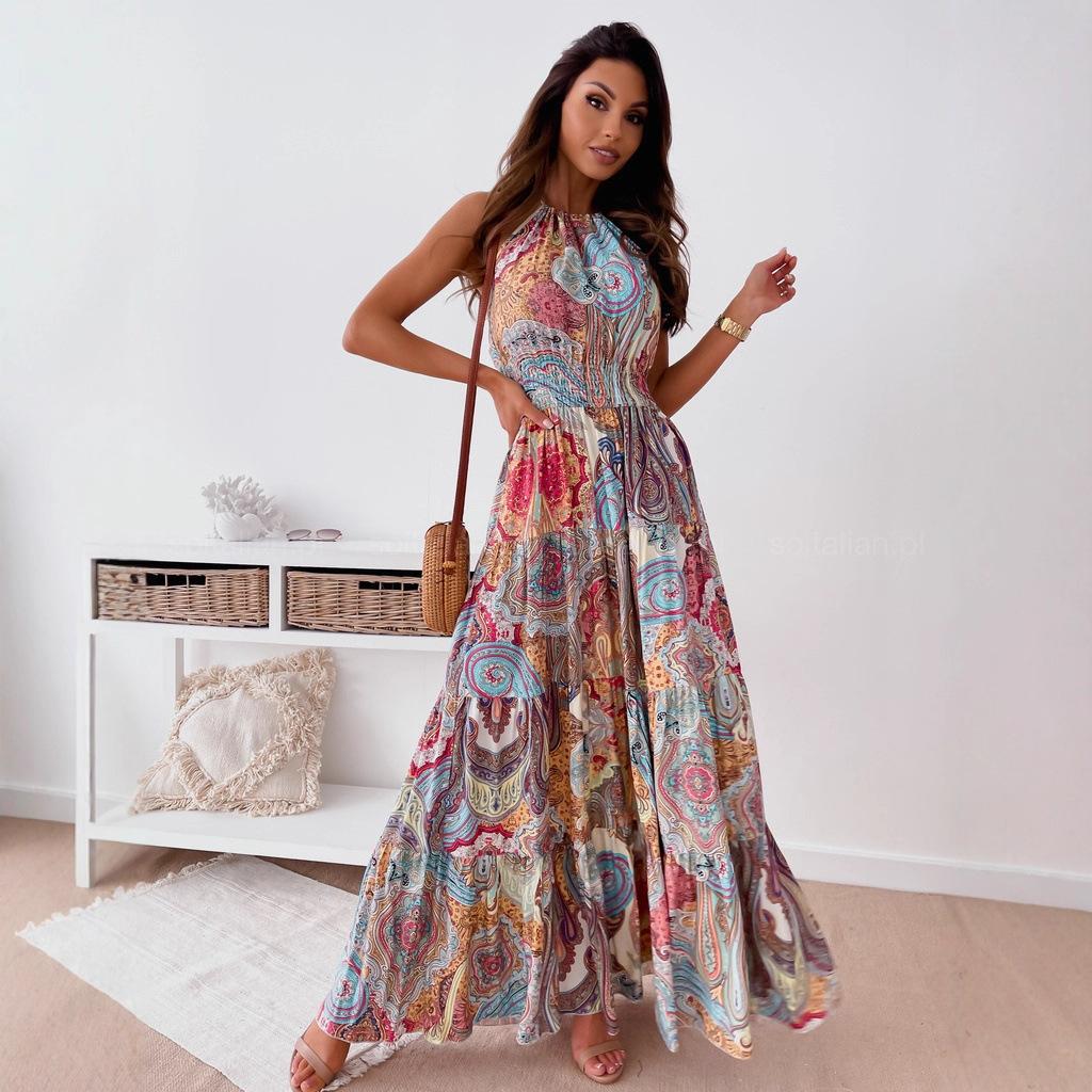 Summer Beach Dress Sexy Bohemian-style Printed Backless Suspender Long Dress for Women