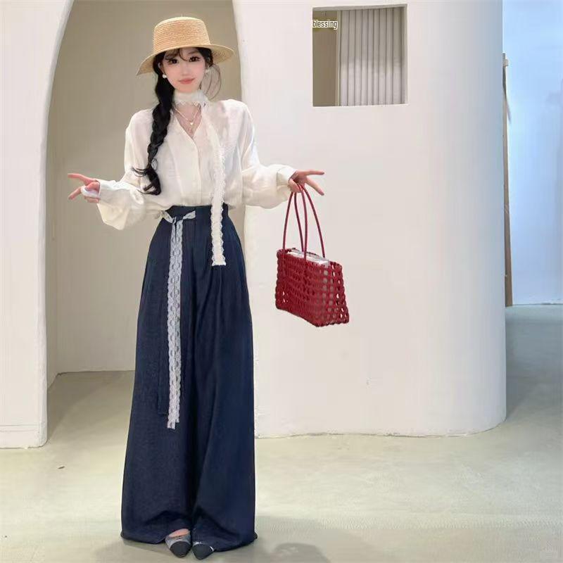 Sommermode Lockeres Schlankmachendes Hemd & Weitbeinige Hose Set - Damen Übergröße Zweiteiliges Outfit