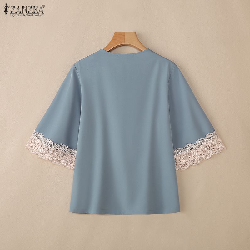 ZANZEA Bluză casual de damă cu decolteu în V, cu inserții de dantelă și mâneci 3/4