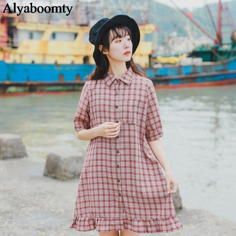 Cotton Linen Ruffles Shirt Dress 