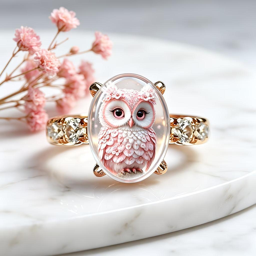 European and American new zircon pink owl ring niche design ring luxury ring