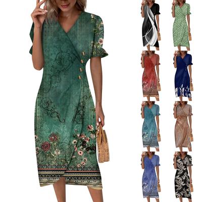 Beach Dresses For Women Spring Summer Elegant Wrap V Neck Floral Boho Dress Flowy Ruched Hawaiian Maxi Dress