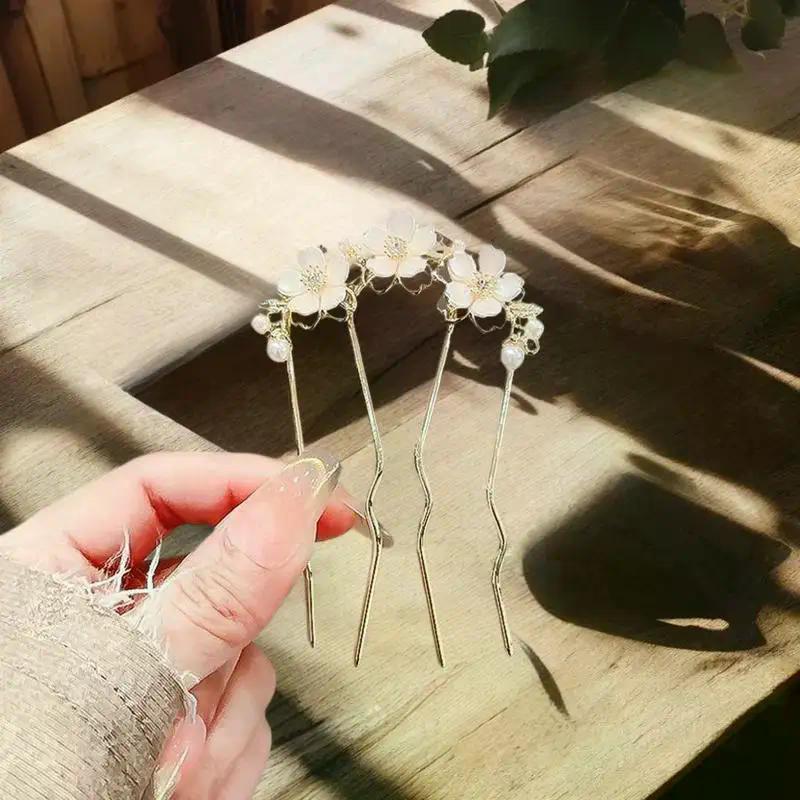 1Pcs Elegant Pearl Flower Hair Combs Pins French Retro Bun Hair Accessories Women Daily U-shaped Hairpin Female Alloy Hair Clasp